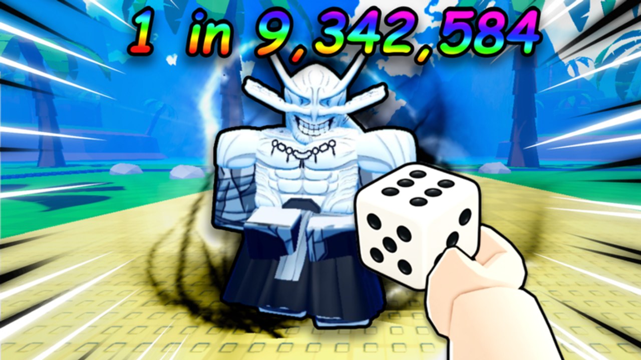 Anime Dice Roblox screenshot of a rare pale armored unit and a white die with six pips on a tropical plot