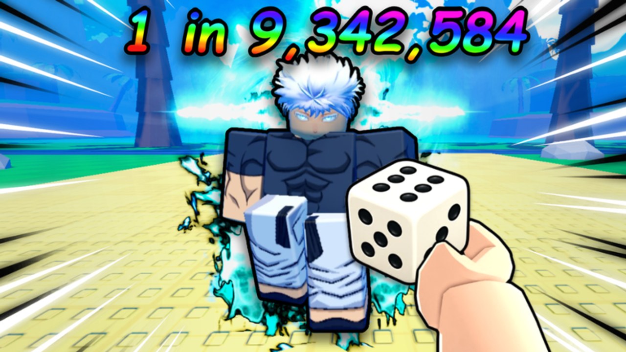 Anime Dice Roblox screenshot of a white-haired unit with cyan energy while a player holds a six-pip die